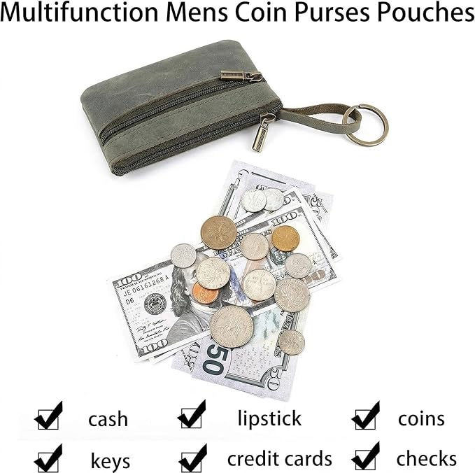 Coin Purse for Men,Coin Pouch with Zipper for Men Women,Genuine Leather Mini Coin Pocket Pouch Change Holder Mens Tray Purses Coin Purse Cash Change Wallet Key Holder Money Pouch