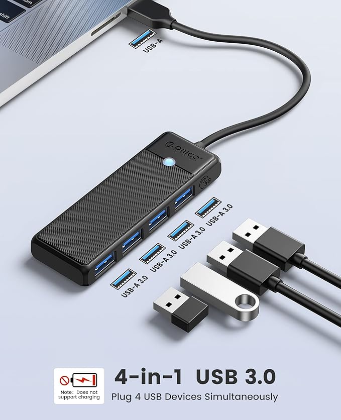 ORICO USB 3.0 Hub, 4-Port USB Hub with 0.5Ft Cable, Ultra Slim USB-Splitter for Laptop MacBook Pro, iMac, Surface Pro, XPS, PS5，PC, Flash Drive, Mobile HDD