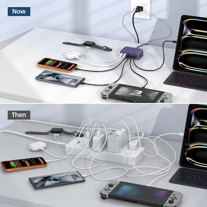 6 in 1 USB Charger, 50% Smaller Charging Station for Multiple Devices, 100W Fast Charging Blocks with Type C Ports, USB Charging Hub Organizer Multiport Power Strip for iPhone, Ipad, Kindle, Travel