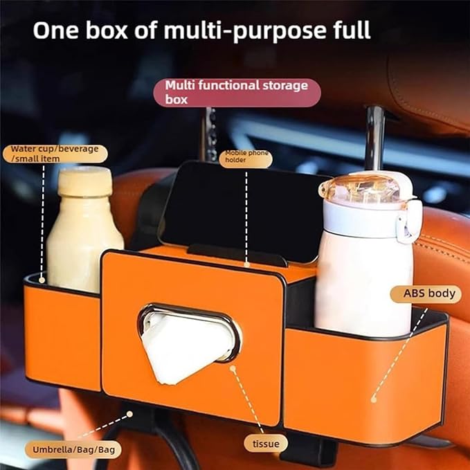Car Organizer and Storage Box Back Seat, Car Organizer and Storage Box, 3-in-1 Car Seat Back Storage Box, with 2 Cup Holders, Tissue Box and Hooks, Smart Over-Seat CarOrganizer (1, White)