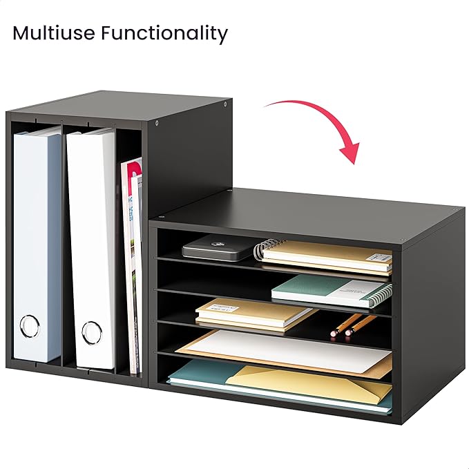 Ballucci 5 Tier Paper Organizer Letter Tray, Wood Desk File Organizer with Adjustable Shelves, Home Office School Letter/A4 Mail Sorter Magazine Holder - Black