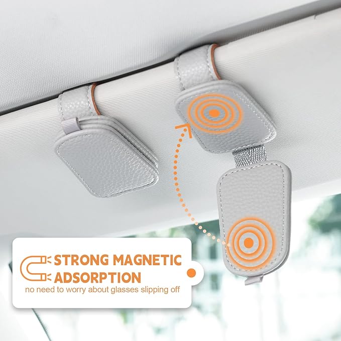 JUSTTOP 1Pack Sunglass Holder for Car, Magnetic Leather Buckle Sun Visor Sunglass Clip, Ticket Card Clip Sunglasses Mount, Car Interior Accessories for Men and Women (Gray)
