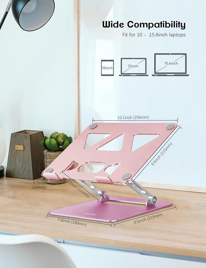 Aoviho Adjustable Laptop Stand for Desk,Portable Laptop Stand Holder and Riser,Foldable Aluminum Notebook Computer Stands for MacBook Air Pro HP Lenovo Dell Samsung, 10-15.6 inch,Blush Rose Silver