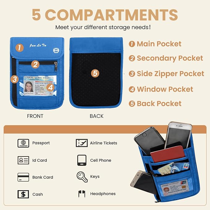 Passport Holder for Travel, RFID Passport Wallet with Visual Window Design, Multifunctional Document Organizer, Waterproof Travel Pouch Neck Wallet for Men and Women, Blue