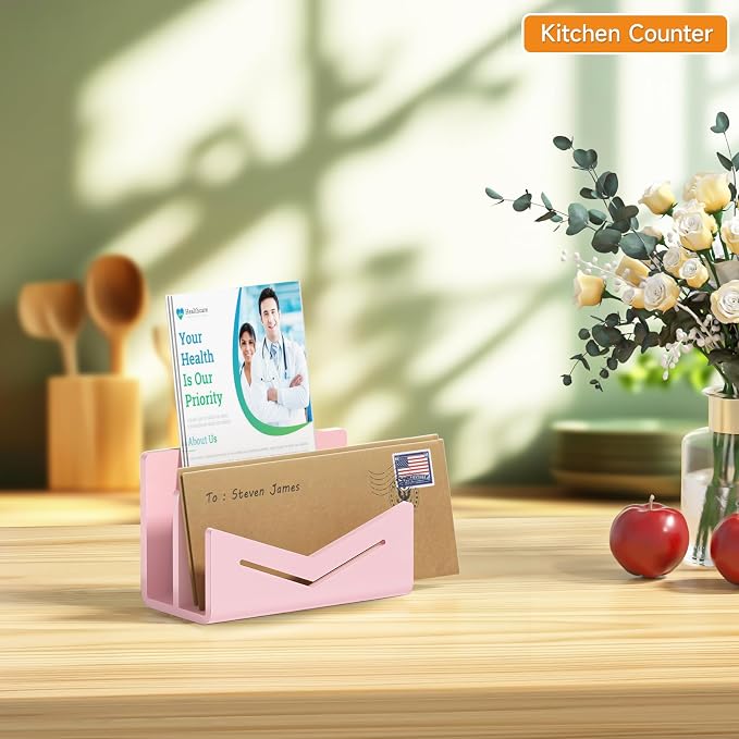 Beego Envelope and Mail Organizer Countertop - 2 Compartments Pink Acrylic Desk Organizer Letter Holder Desktop File Sorter Bill Document Folder Rack for Office, Home, School Desk Organization