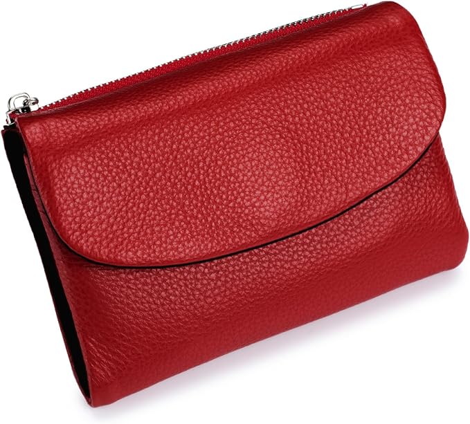 Premium Leather Wallet, Multi-Slot Card Holder with ID Window, Zipper Coin Purse, First Layer Leather (Red & Black)