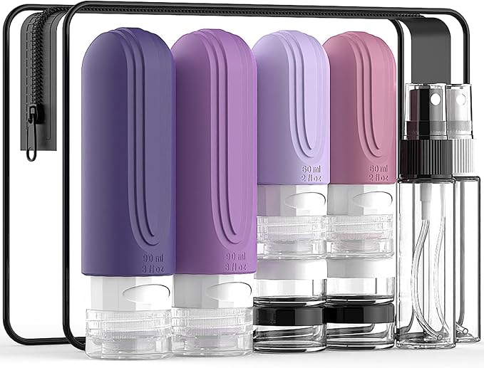 Travel Bottles for Toiletries 10 Pack, TSA Approved Travel Size Toiletries Essentials Containers Set, Leak Proof Silicone Bottles Kit, Refillable Liquid & Creams Accessories (PURPLE)