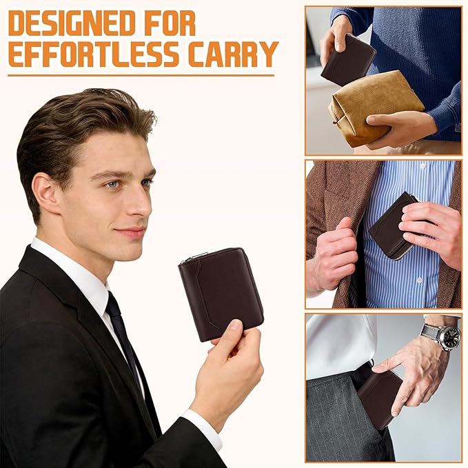 HUANLANG Mens Wallet RFID Blocking Multi Card Holder Wallets for Men Bifold Wallet with Zipper Small Men's Leather Wallet