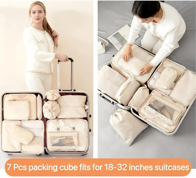 Packing Cubes for Travel - 7 Set Luggage Organizer Bags for Family, Mesh Breathable Travel Packing Cubes for Suitcases Durable Essentials Bags Set with Large Toiletries Bag(Beige)