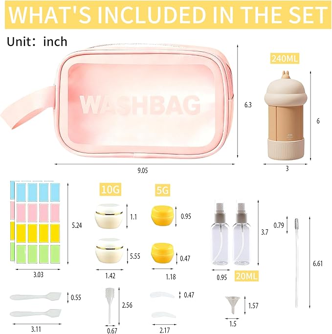 Travel Cosmetic Case Toiletry Bag with Zipper Refillable 4-in-1 Silicone Kit Toiletry Bottles、Squeeze Toiletry Bottles Leakproof Accessories for Toiletries Shampoo Lotion Body Wash (BPA Free)