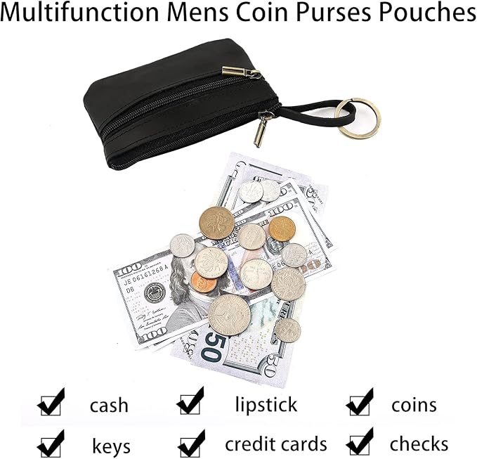 Coin Purse for Men,Coin Pouch with Zipper for Men Women,Genuine Leather Mini Coin Pocket Pouch Change Holder Mens Tray Purses Coin Purse Cash Change Wallet Key Holder Money Pouch