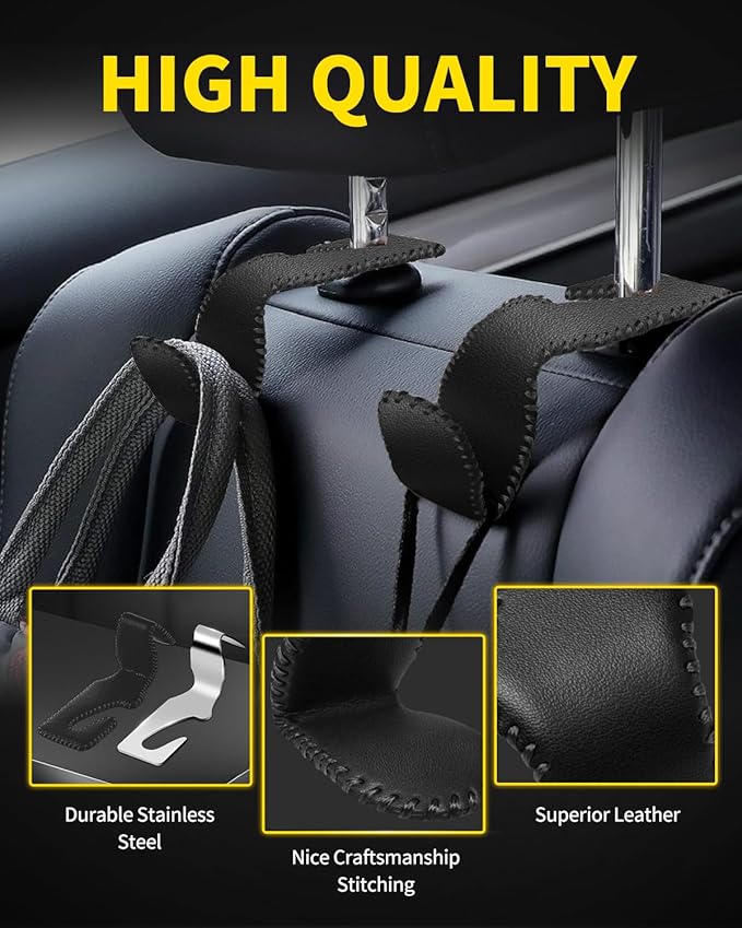 4 Pack Superior Leather Car Seat Headrest Hooks with 44 Pounds Load Capacity, Hangers Storage Organizer Universal Car Interior Accessories for Handbags Water Bottles Umbrellas, Black & Red