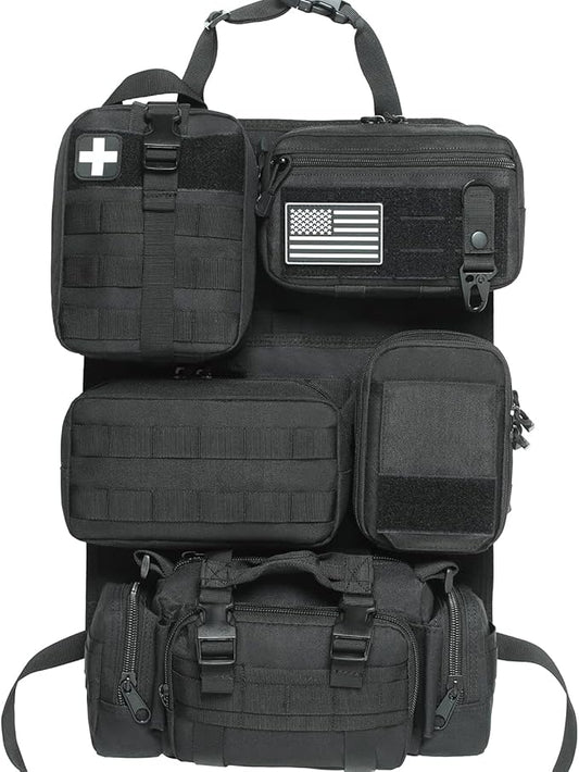 6 Pack Tactical Molle Car Seat Back Organizer - Tactical Vehicle Panel Organizer with 5 Detachable Molle Pouch,US Flag Patch and Keychain,Great Trunk Accessories for Man