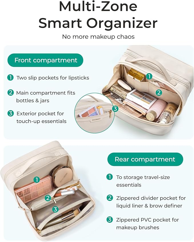 BAGSMART Travel Makeup Bag Large Capacity Cosmetic Bag, Wide-open Portable Make Up Bag Organizer for Women for Travel Essentials Travel-Size Toiletries Accessories Bottles, Brushes (Warm Gray)