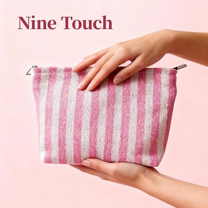 itgowisa Pink Striped Canvas Makeup Bag, Lightweight Cosmetic Pouch with Large Zipper Pull & Cotton Blend Lining, Travel Toiletry Organizer for Women & Gifts, Skincare Bag Hygiene Pouch Sunscreen Bag