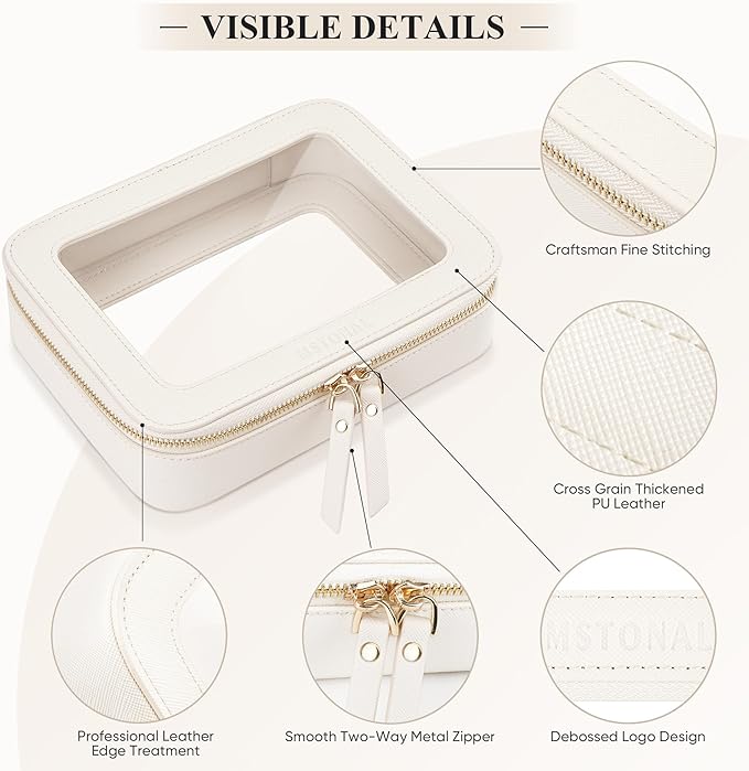 Clear Makeup Bag, Travel Toiletry Bag Cosmetic Case for Women, Waterproof Portable Make Up Skincare Pouch with Zipper, Compact Car Organizer Bag for Essentials, Medium Size, Ivory White