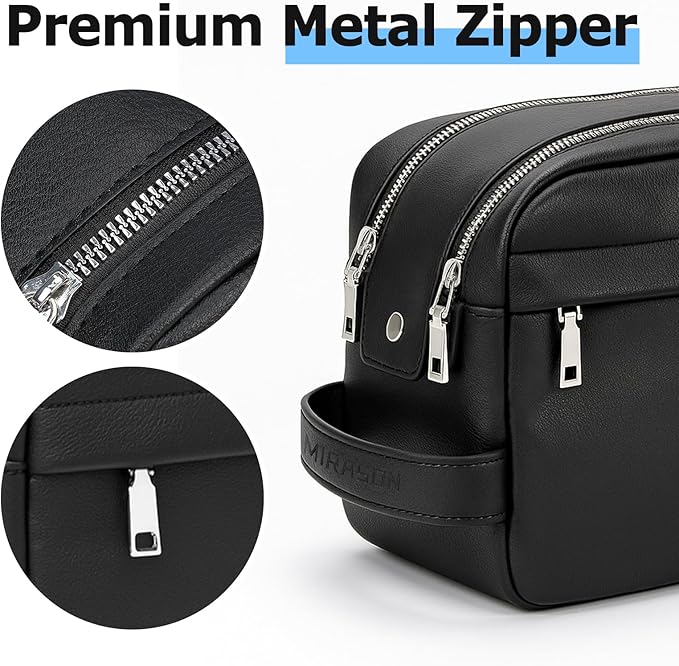 MIRASON Toiletry Bag for Men Leather Travel Toiletry Bag Dopp Kit with Metal Zippers, Water-Resistant Bathroom Bag for Travel Essentials Shaving Bag Gifts for Men, Black