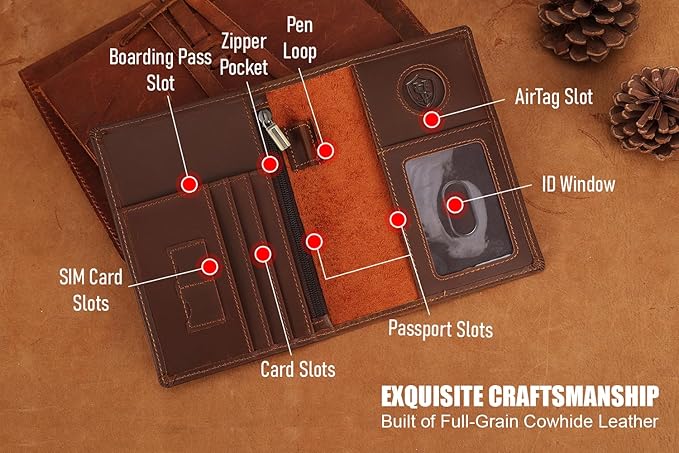 STAR VISTA Phoenix Leather Passport Holder, Full Grain Leather Travel Wallet - Slim, Bifold, RFID Blocking, ID Window, Coin Pocket, Card Slots, SIM Slots, AirTag Holder