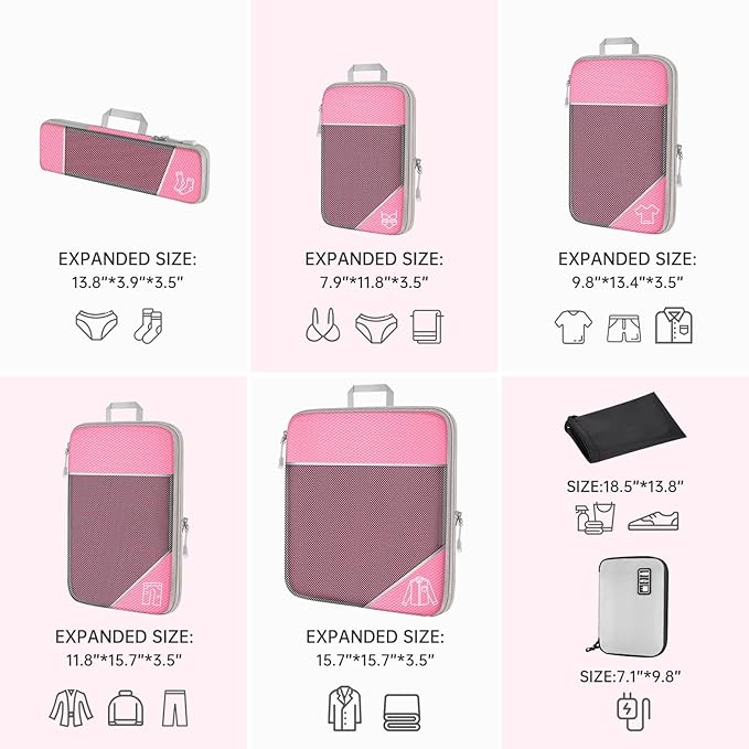 NiHome 7PCS Compression Packing Cube Set Expandable Mesh Travel Bag Luggage Organizers with Electronic Cable Cord Charger Organizer Drawstring Bag for Trip Home Storage Travel Gear Accessories (Pink)