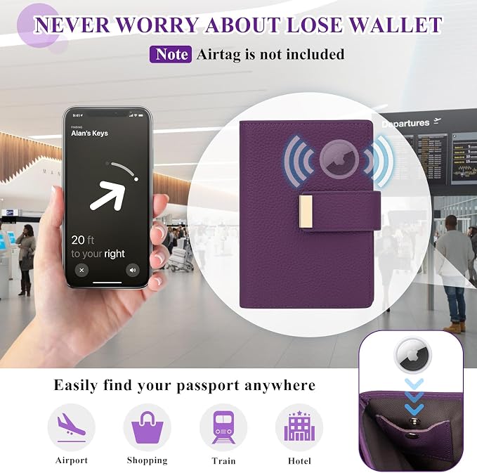 BKNOOU Passport Holder with Airtag Slot Travel Wallet Compact for Women Men, Leather Passport Wallet RFID Blocking Passport Holder for Travel with Zipper Coin Pocket, Holder Cash, Card (Purple)