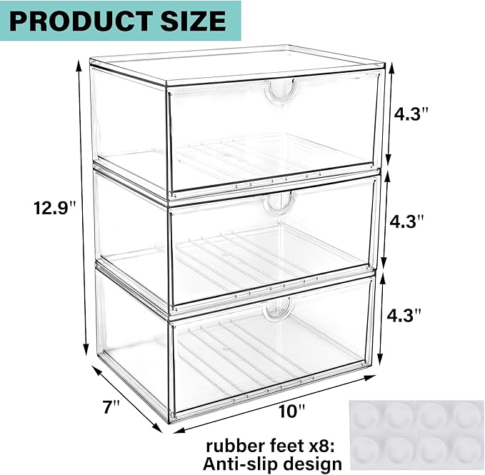Prsildan Acrylic Makeup Organizer, 3 Pack Stackable Clear Storage Drawers for Baby Bottles Desk Organizers with 3 Drawers for Countertop Vanity Nursery Modular System for Cosmetics Jewelry