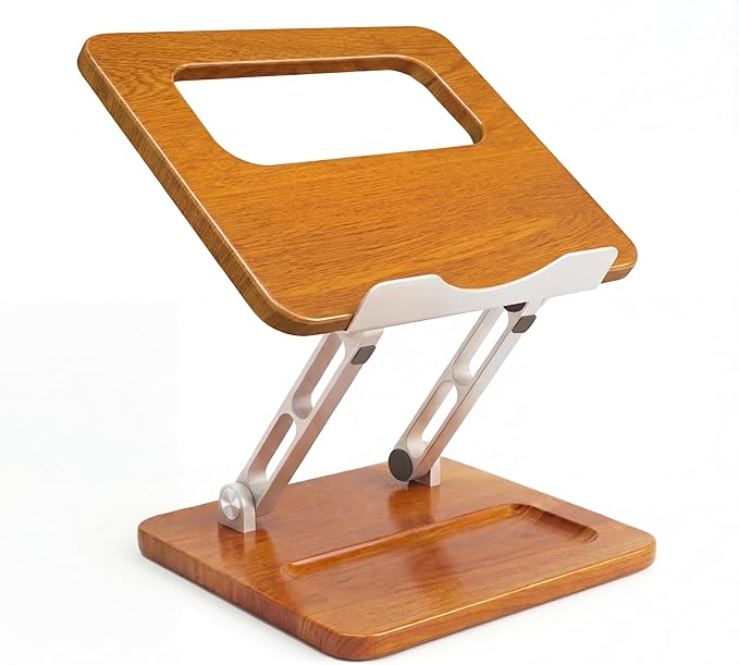 Ergonomic Wooden Laptop Stand with Pen Slot, Adjustable Height & Angle, Hollow Cooling, Foldable for Desk Use, for 10-17 Inch Laptops/Tablets
