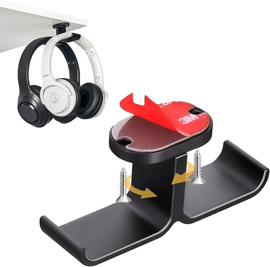 Under Desk Headphone Hanger with Strong Adhesive and Screws Mount, 360° Rotatable Dual Headset Holder Stand, Aluminum Metal Adjustable Headphone Hook, Perfect for Home Gaming & Office - Black