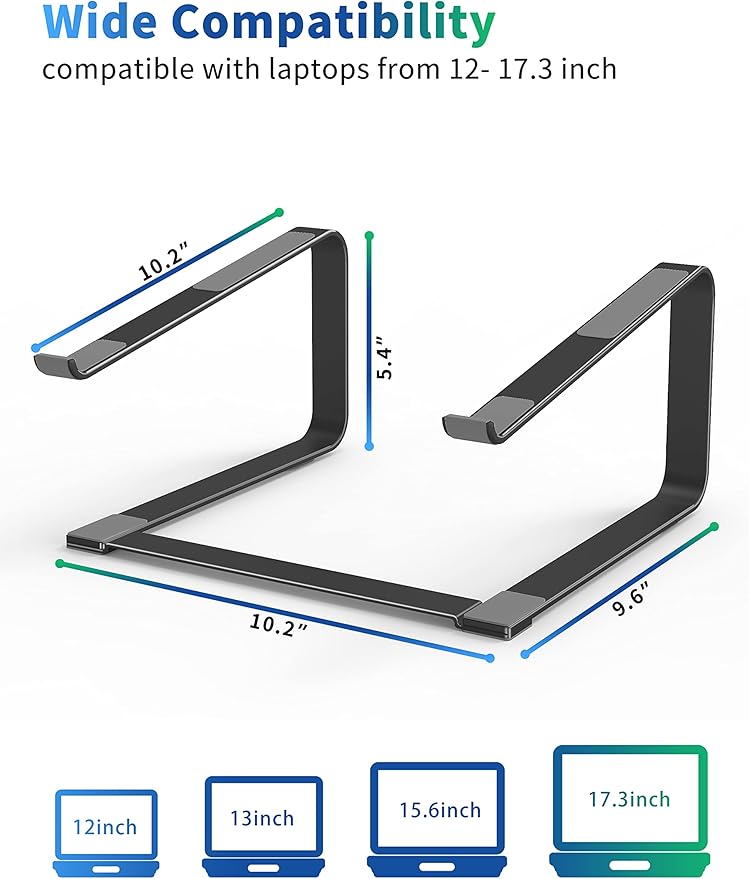 SOUNDANCE Laptop Stand for Desk, Ergonomic Metal Computer Riser for 12-17.3 Inch Laptops, Heavy Duty Stable Desktop Holder, Improves Eye Level & Workspace Organization, Black