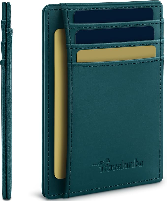Travelambo 100% Genuine Leather Wallet for Men and Women, Slim Minimalist RFID Blocking Front Pocket Credit Card Holder with Gift Box
