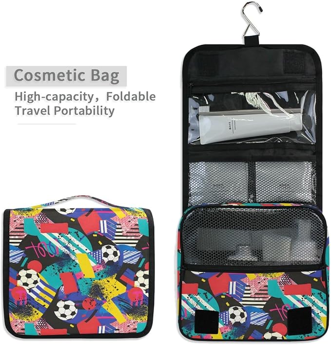 Hanging Travel Toiletry Bag Kit Boys Makeup Case Cosmetics Organizer for Men Women (Inspired Soccer Bright Colors)