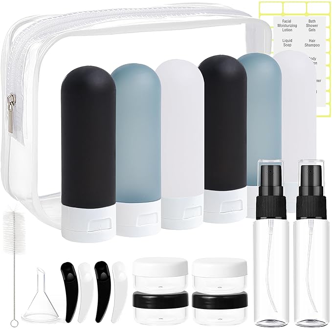DEWSENSI 20 Pack Travel Bottles Set for Toiletries TSA Approved Leak Proof Travel Size Containers Kit Portable Refillable Travel Accessories for Shampoo Conditioner Lotion Liquids (Dark Color)