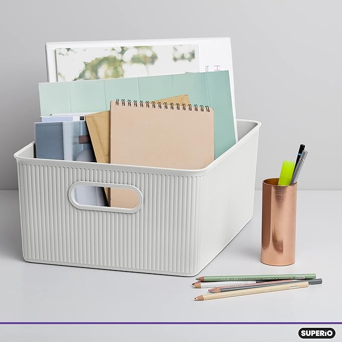 Superio Ribbed Collection - Decorative Plastic Basket Lidded Home Storage Bins Organizer, Large White (1 Pack - 15 Liter) Stackable Container Box, for Organizing Closet Storage Bins for Shelves