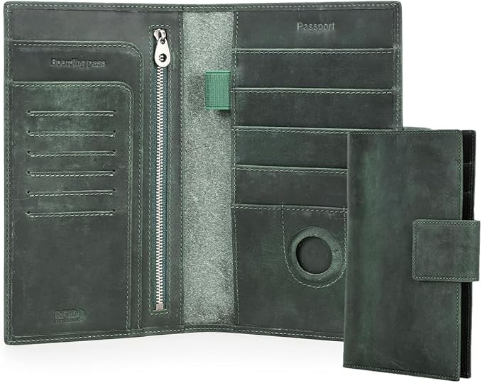 CONTACTS Full Grain Leather RFID Blocking Family Passport Holder for 4 Passport Wallet Compatible with Airtag Travel Passport Cover with 4 Passport Slot, 6 Card Slot (Green)