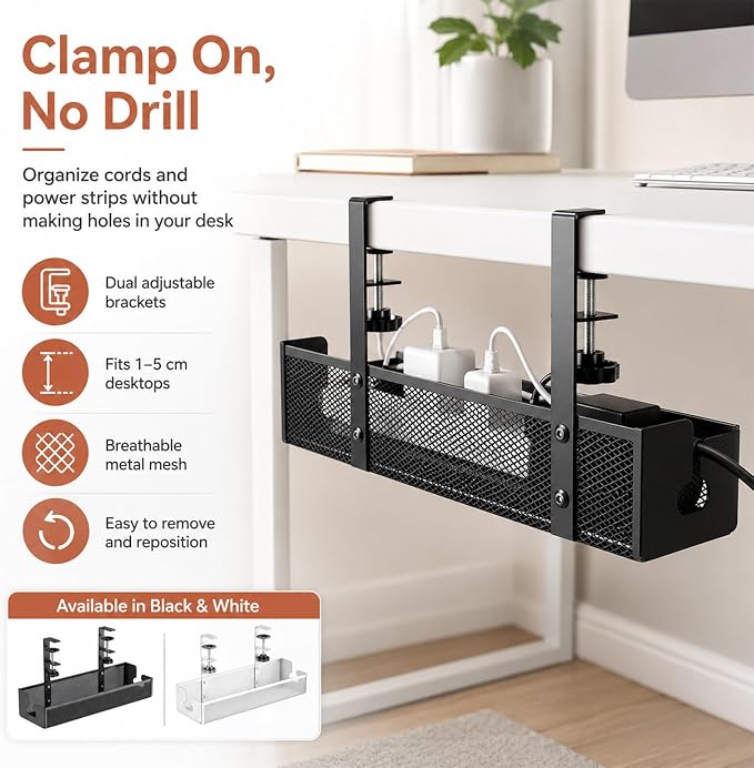 Adjustable No-Drill Under-Desk Cable Organizer Clamp On Metal Mesh Tray Cord Wire Management Basket Power Strip Holder Rack for Home Office Computer Standing Desk Accessories(Black,Medium)
