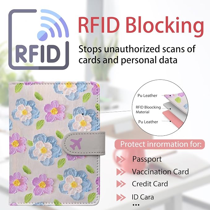 Passport Holder, Travel Wallet Cover with Pen Loop | Cute RFID Blocking Leather Case with Magnetic Closure for Travel Essentials-Flower