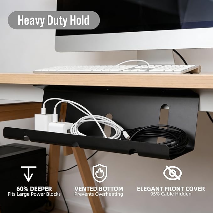 Under Desk Cable Management Tray, Large Metal Cable Organizer for Easy Access, Home Office Screw Mount Desk Cord Organizer and Accessories Storage Rack Shelf, Computer Power Strip Holder, Black 2 Set