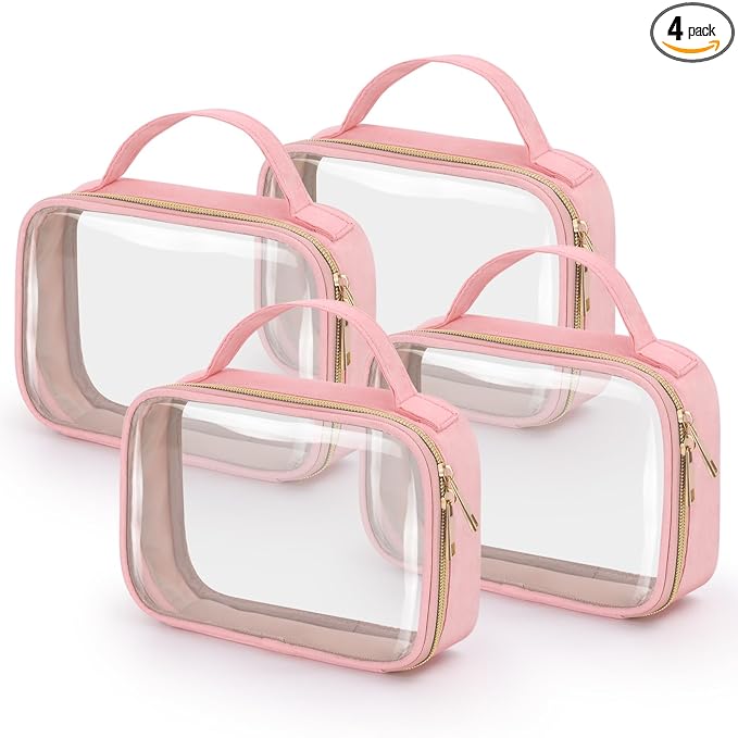 Wedama TSA Approved Toiletry Bag, 4 Pack Clear Makeup Bags with Handles, Quart Size Toiletry Bags, PVC Clear Cosmetic Bags for Women and Men, Carry on Airport Airline Compliant Bag, Pink