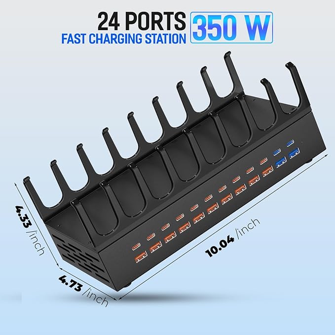350W Charging Station for Multiple Devices, 24 Ports USB Fast Charging Station, Charger Station Organizer Compatible with Kindle,Tablet, iPad, Charger Station for Home, Office