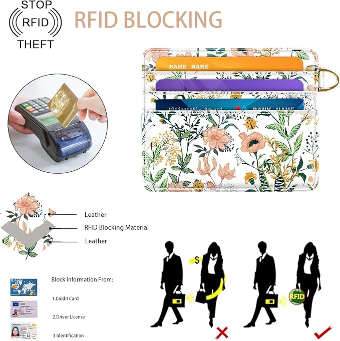 Slim Minimalist Front Pocket RFID Blocking Credit Card Holder Small Wallet Cute Card Cases for Women,White Flowers