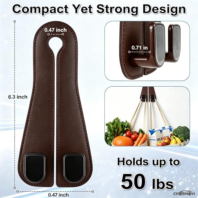 CHOSMOYI Leather Car Headrest Hooks for Purses & Bags, 2 Pack Heavy Duty Seat Back Organizer, Double Car Hooks for Groceries & Handbags, Universal Interior Accessories (Brown)