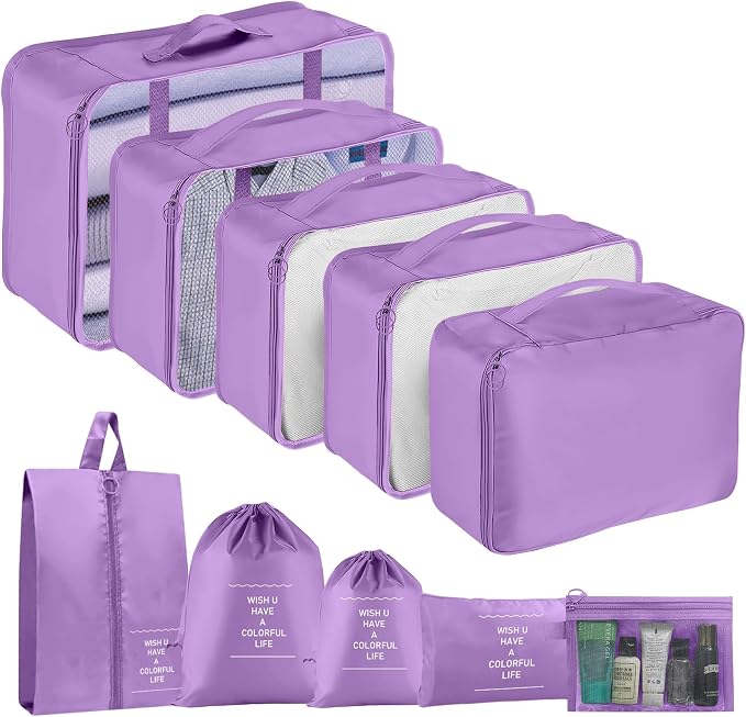 Packing Cubes for Travel- 8 Set Luggage Organizer Bags for Family, Mesh Breathable Travel Packing Cubes for Suitcases Durable Travel Essentials Bags Set (Purple, 10 Set)
