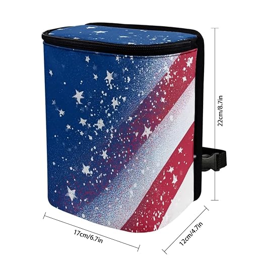 Talayituse American Flag Star Print Car Trash Can with Lid, 4th of July Leak Proof Auto Trash Bag Hanging Vehicle Garbage Can Multipurpose Storage Container for Back Seat Road Trip