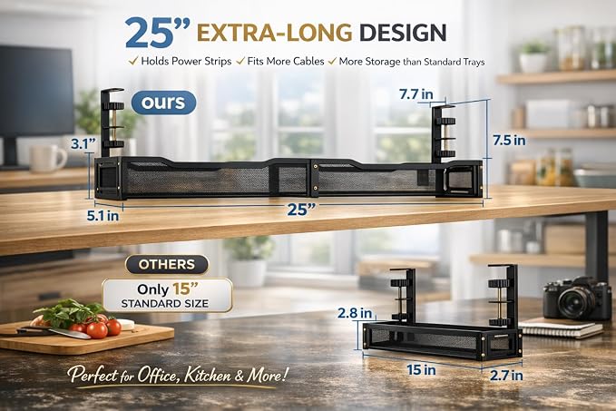 Under Desk Cable Management Tray – 25” Metal Cable Organizer with Clamp Mount, No Drill Wire Management Rack for Office & Home Desk (Black)