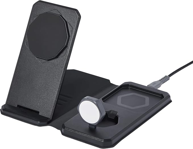 UAG SRGE 3-in-1 Travel Desktop Charger 15W Foldable Wireless Charging Station Compatible with MagSafe for iPhone 15, AirPods, Apple Watch, Black/Gray (25W USB-C PD Charger & Global Adapter Included)