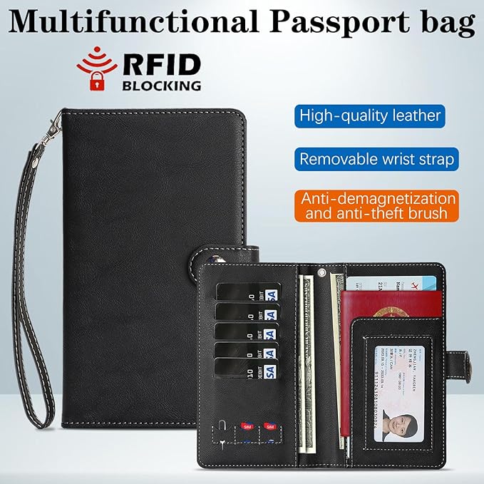 Passport Holder for Travel Essentials, RFID Blocking PU Leather Wallet Cover with Wristlet Strap Magnetic Closure Passport Book Holders Case for Women and Men, Black