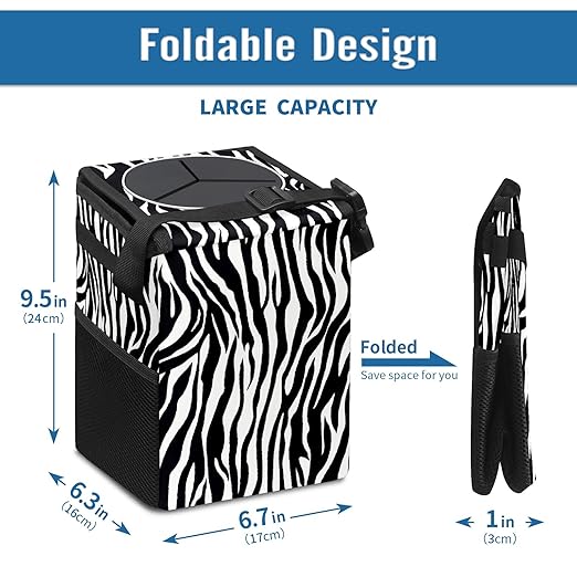 Car Trash Can Leopard Print Zebra Skin Wate-rproof Auto Garbage Bag Car Trash Can with Lid Leak-Proof Car Storage Bag Hanging for Headrest Collapsible and Portable with Storage Mesh Pocket