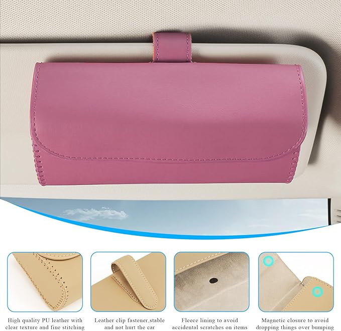 Sunglasses Holder for Car Sun Visor, Leather Auto Eyeglasses Organizer Box with Hidden Magnetic Closure, Vehicle Glasses Case Clip Holder, Car Accessories for Women Men (Pink)