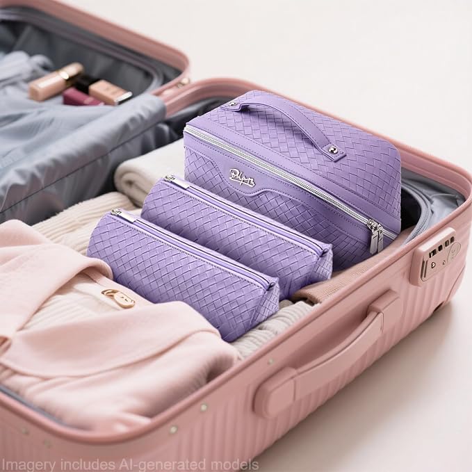 BOYATU Travel Makeup Bag Cosmetic Bags for Women: Large Capacity 3 Pcs Set Make up Bag with Compartments - Waterproof Vegan Leather Toiletry Organizer Bags with Handle (L01 Purple)
