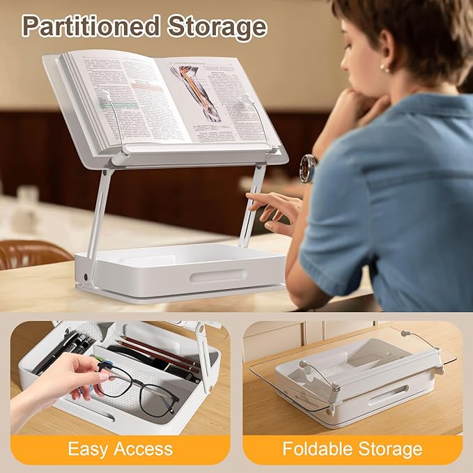 Book Holders for Reading, 360°Rotating Acrylic Book Stand with Storage Pen Slot, Foldable Desktop Riser Laptop Stand, Adjustable Book Reading Stand with Page Clips for Desk, Recipe, Cookbook Stand