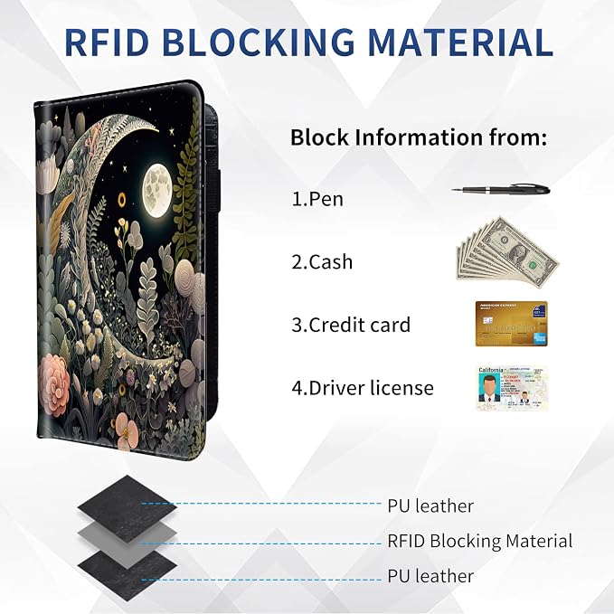 DEGDFSGR Checkbook Cover PU Leather Checkbook Covers for Women for Duplicate Checks, Check Book Covers with RFID Blocking Function for Personal Checkbook, Moon Flowers Night